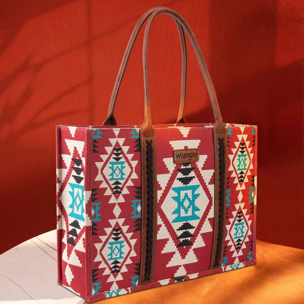 WG2203-8119 Wrangler Southwestern Pattern Dual Sided Print Canvas Wide Tote BURG